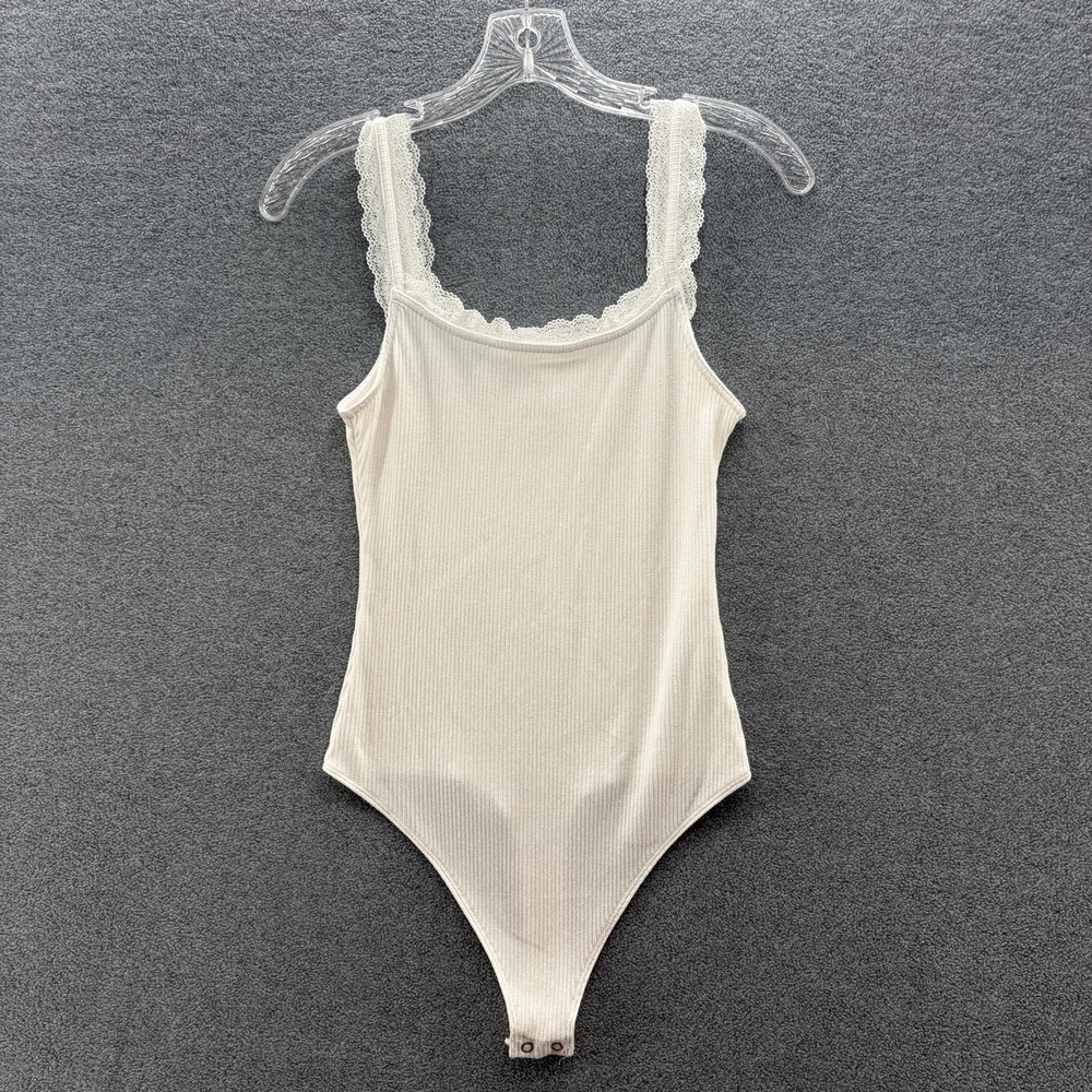 American Eagle Outfitters Bodysuit Womens Medium White Ribbed Lace Stretch Cami